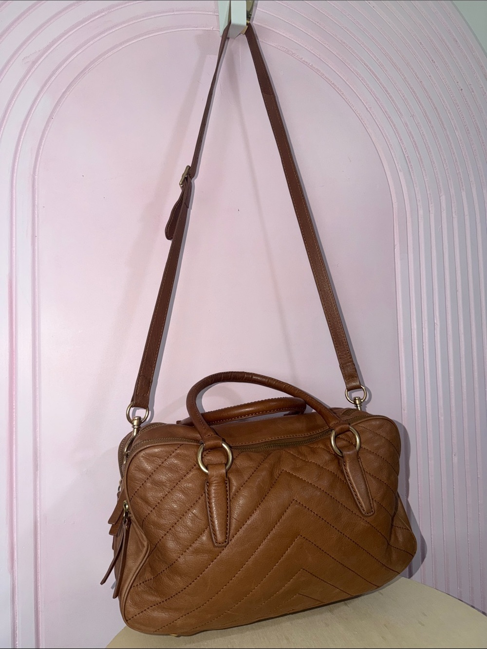 J. Crew Quilted Tan Leather Shoulder Satchel